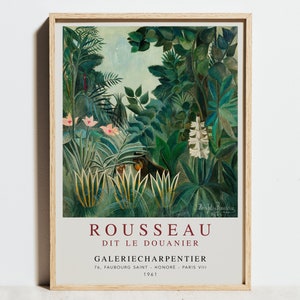 Der äquatoriale Dschungel, Henri Rousseau Druck, Museum Ausstellungsplakat, Salbeigrüne tropische Blätter, Wald der botanischen Tiere, Vintage Wandkunst