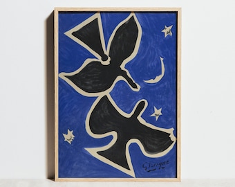 Georges Braque Print, Blue Poster, Black Bird Wall Art, Mid Century Modern, Abstract Hygge Office Decor, Dove Cubism Art, Birthday Gift Idea