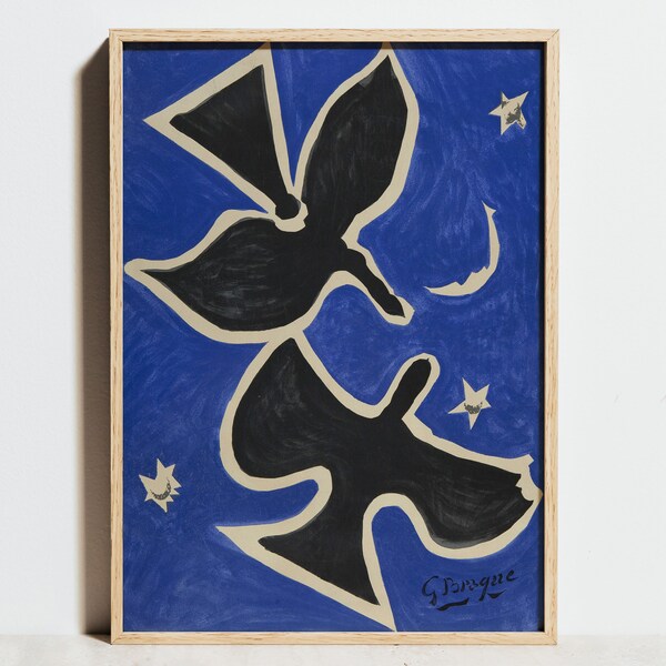 Impression Georges Braque, poster bleu, art mural oiseau noir, décoration de bureau moderne Mid-Century, abstraite Hygge, colombe art cubisme, idée cadeau d'anniversaire