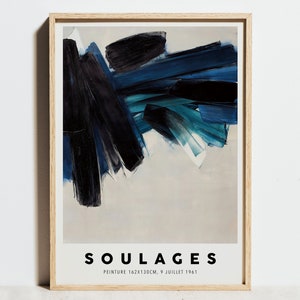 Soulages Druck, Ausstellungsplakat, blaue Wandkunst, modernes schwarz weißes minimalistisches skandinavisches abstraktes Malereidekor, Geburtstagsgeschenkidee