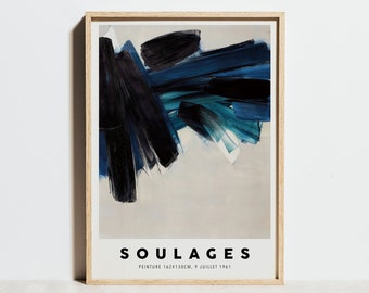 Impression de Soulages, affiche d'exposition, art mural bleu, décor de peinture abstraite scandinave minimaliste noir blanc moderne, idée de cadeau d'anniversaire