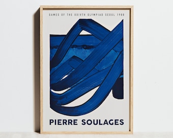 Impression Pierre Soulages, affiche de l'exposition olympique de Séoul, art mural moderne bleu foncé, décoration de bureau abstraite scandinave minimaliste, idée cadeau homme