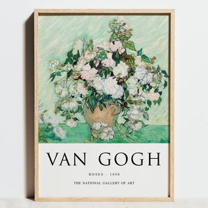 Impresión de Van Gogh, rosas 1890, decoración de pintura clásica, arte de pared floral verde salvia, cartel de exposición de galería, arreglo floral, regalo de boda