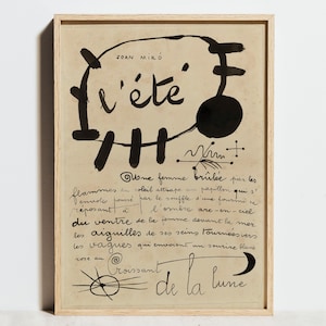 Impression de Joan Miro, affiche de l'exposition L'été vintage, art mural beige noir, décoration de croquis de ligne abstrait minimaliste moderne, idée cadeau d'anniversaire
