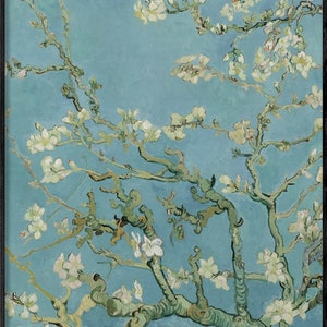 May include: A painting of a blooming almond tree with white flowers against a bright blue sky. The branches are thick and green, and the flowers are delicate and white. The painting is done in a style reminiscent of Vincent van Gogh.