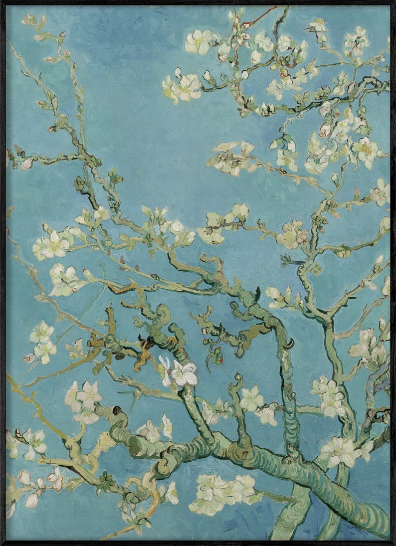 May include: A painting of a blooming almond tree with white flowers against a bright blue sky. The branches are thick and green, and the flowers are delicate and white. The painting is done in a style reminiscent of Vincent van Gogh.