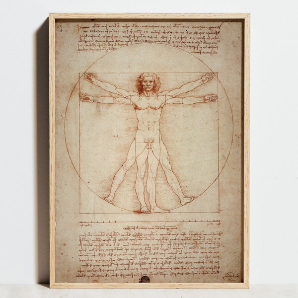 Impresión de Leonardo da Vinci, cartel vintage del hombre de Vitruvio, arte del cuerpo humano, dibujo de boceto de línea Da Vinci, decoración de arte de pared retro, regalo para él