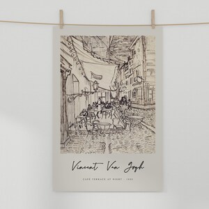 Van Gogh Print, Café Terrace at Night Exhibition Poster, Vintage Beige Black White Wall Art,Pen Drawing Sketch Impressionism Decor,Gift Idea