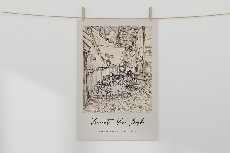 Van Gogh Print, Café Terrace at Night Exhibition Poster, Vintage Beige Black White Wall Art,Pen Drawing Sketch Impressionism Decor,Gift Idea