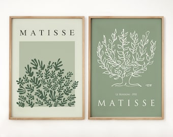 Lot de 2 estampes Matisse, oeuvre d'art murale de galerie, affiche vert sauge, découpe florale de La Gerbe, décoration moderne de jardin arboré Henri Matisse, idée cadeau