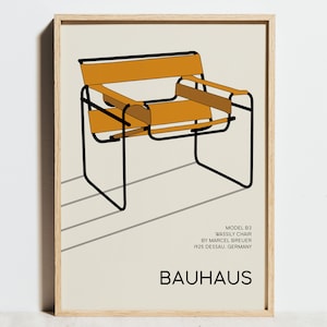 Wassily Stuhl Ausstellungsplakat, Bauhaus-Druck, orange beige grafische moderne Wandkunst, minimalistisches abstraktes skandinavisches Bürodekor, Geschenkidee