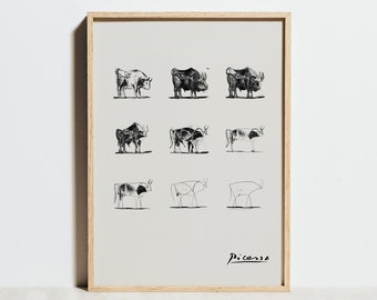 Pablo Picasso imprime la litografía de dibujo lineal de los toros, cartel de exposición en blanco y negro, decoración de arte de pared abstracta minimalista moderna, idea de regalo para hombre