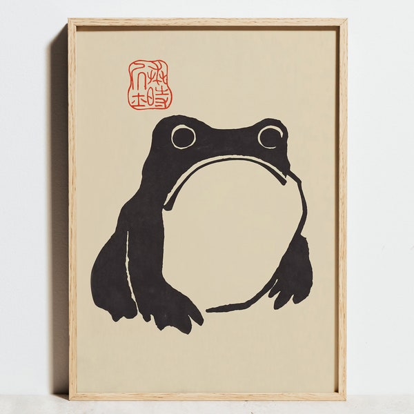 Grenouille japonaise Art Print, Matsumoto Hoji affiche vintage, Black White Toad Beige Asian Woodblock Wall Art, Ukiyo-e Funny Animal Decor, Gift Idea