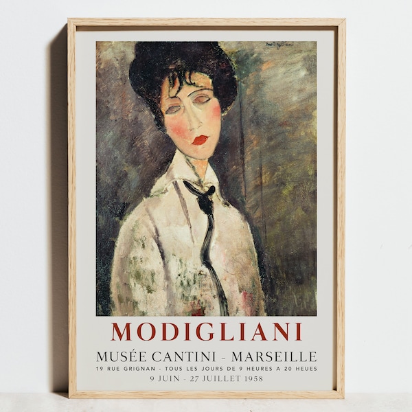 Amedeo Modigliani Print, Portrait of a Woman in a Black Tie Exhibition Poster, Vintage Wall Art, Classic Expressionism Painting Modern Decor