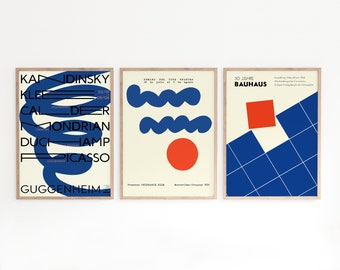 Bauhaus Print, Set of 3 Pieces Gallery Wall Art, Geometric Circle Dot, Abstract Blue Decor, Exhibition Poster, Mid Century Modern, Gift Idea
