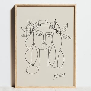 Pablo Picasso print meisje gezicht lijntekening lithografie, Picasso zwart-wit poster, moderne minimalistische abstracte muur kunst decor, cadeau voor haar