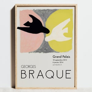 Impression de Georges Braque, affiche d'exposition, art mural jaune rose, décor de bureau abstrait scandinave minimal moderne, idée de cadeau d'art de cubisme de colombes