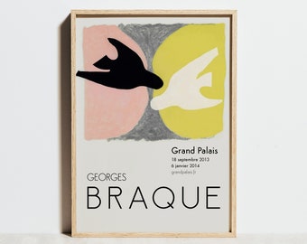 Georges Braque Print, Exhibition Poster, Pink Yellow Wall Art, Modern Minimal Scandinavian Abstract Office Decor, Doves Cubism Art Gift Idea
