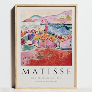 Impression Henri Matisse, vue de Collioure, affiche d'exposition, décoration murale maison rouge rose, art moderne abstrait, tableau célèbre, cadeau pour petite amie