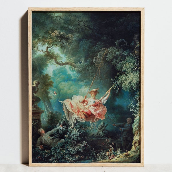 The Swing Poster, Fragonard Print, Green Pink Wall Art, Vintage Garden Decor, Classic Famous Painting, Romantic Nature, valentines Gift Idea