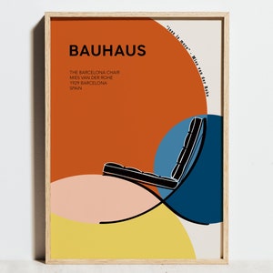 Bauhaus Poster Barcelona Chair Ausstellung Poster, Minimalistische Abstrakte Wand Kunst, Mid Century Modern Geometrisch Orange Gelb Dekor, Geschenkidee