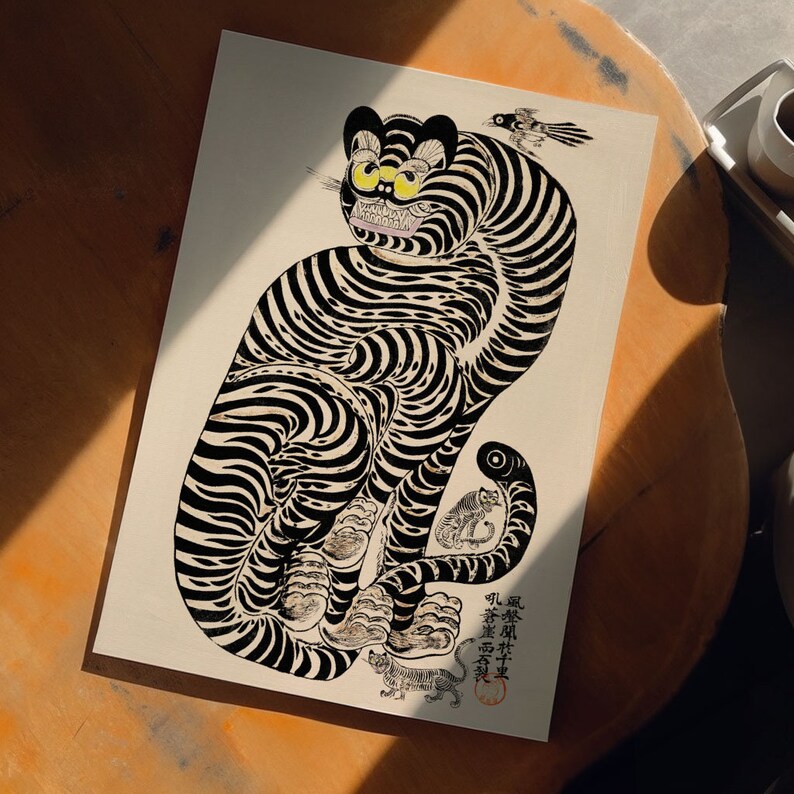 Japanese Tiger Print, Vintage Poster, Retro Wall Art Black White Asian