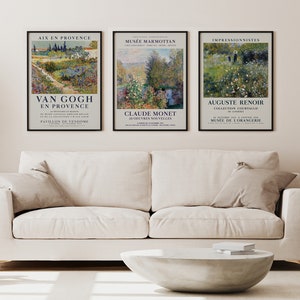 Peut inclure: Trois impressions d'art encadr&eacute;es avec des images de peintures impressionnistes. L'impression du haut pr&eacute;sente une sc&egrave;ne de paysage avec le texte "AIX EN PROVENCE" et "VAN GOGH EN PROVENCE". L'impression du milieu pr&eacute;sente une sc&egrave;ne de paysage avec le texte "MUS&Eacute;E MARMOTTAN" et "CLAUDE MONET". L'impression du bas pr&eacute;sente une sc&egrave;ne de paysage avec le texte "IMPRESSIONNISTES" et "AUGUSTE RENOIR".
