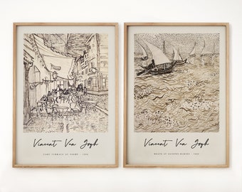 Set of 2 Print, Gallery Wall Art, Van Gogh Poster, Café Terrace at Night, Vintage Beige Neutral Wall Art, Pen Drawing Sketch Decor,Gift Idea