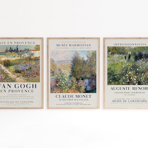 Peut inclure: Trois affiches d'exposition d'art vintage sur fond blanc. L'affiche de gauche est pour une exposition Van Gogh &agrave; Aix-en-Provence, en France. L'affiche du milieu est pour une exposition Claude Monet au Mus&eacute;e Marmottan &agrave; Paris. L'affiche de droite est pour une exposition Auguste Renoir au Mus&eacute;e de l'Orangerie &agrave; Paris.