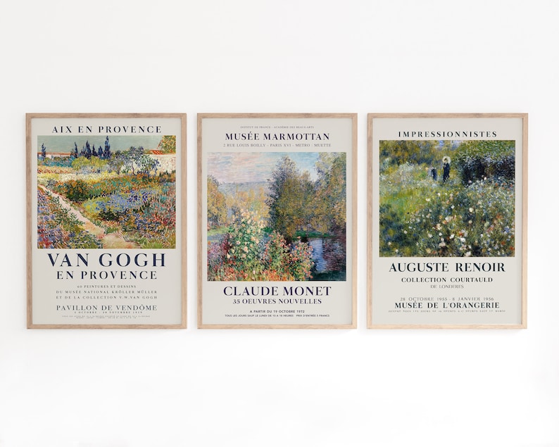 Peut inclure: Trois affiches d'exposition d'art vintage sur fond blanc. L'affiche de gauche est pour une exposition Van Gogh &agrave; Aix-en-Provence, en France. L'affiche du milieu est pour une exposition Claude Monet au Mus&eacute;e Marmottan &agrave; Paris. L'affiche de droite est pour une exposition Auguste Renoir au Mus&eacute;e de l'Orangerie &agrave; Paris.