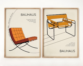 May include: Two minimalist posters with a Bauhaus theme. The left poster features a black and orange Barcelona chair designed by Mies van der Rohe. The right poster features a black and orange Wassily chair designed by Marcel Breuer. Both posters have a beige background and the text "BAUHAUS" in black.