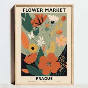 Prag Blumenmarkt Print, Floral Wand Kunst, Salbei grün orange abstrakte Mohnblume, Modernes Wohnen Frühlings Dekor, Geschenk für SIE