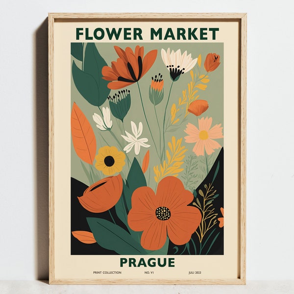 Blumenmarkt Print, Florale Wandkunst, Prag Reise Poster, salbeigrün gebrannte orange abstrakte Mohnblume, modernes Wohnen Frühlingsdekor, Geschenk für SIE