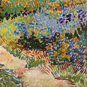 Peut inclure: Une peinture repr&eacute;sentant un champ de fleurs dans des tons de bleu, jaune, vert et rouge. Les fleurs sont peintes dans un style libre et impressionniste, avec des coups de pinceau visibles.