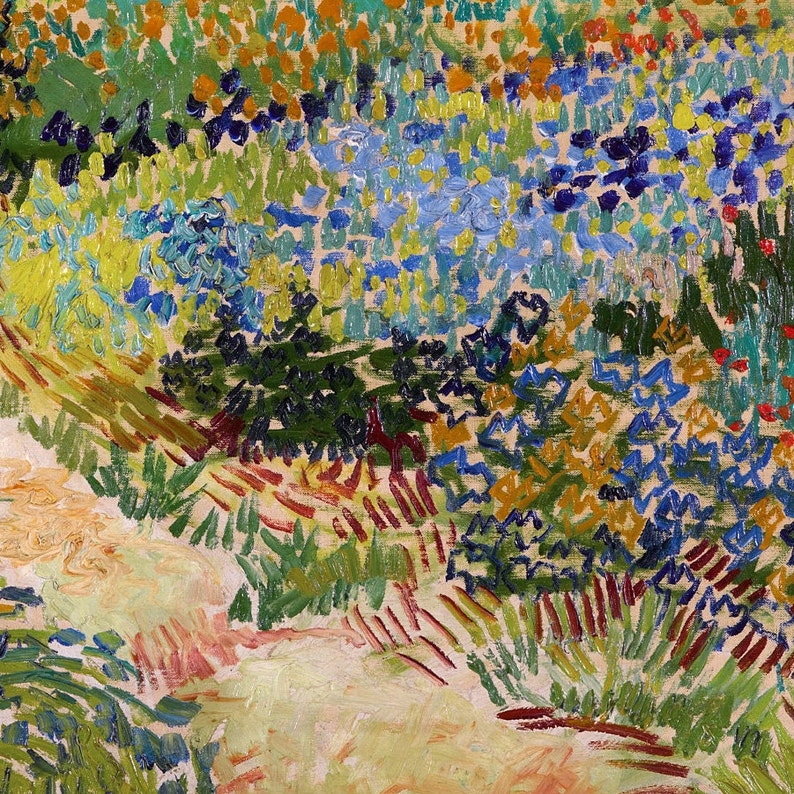 Peut inclure: Une peinture repr&eacute;sentant un champ de fleurs dans des tons de bleu, jaune, vert et rouge. Les fleurs sont peintes dans un style libre et impressionniste, avec des coups de pinceau visibles.