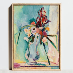 Impresión de Henri Matisse, cartel de flor en jarrón, pintura de Matisse, arte de pared floral vintage, color pastel cian, decoración moderna del dormitorio, regalos para niñas