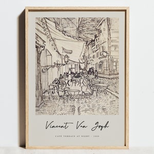 Van Gogh Print, Café Terrace at Night Exhibition Poster, Vintage Beige Black White Wall Art,Pen Drawing Sketch Impressionism Decor,Gift Idea