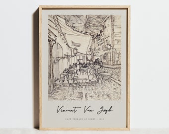 Van Gogh Print, Café Terrace at Night Exhibition Poster, Vintage Beige Black White Wall Art,Pen Drawing Sketch Impressionism Decor,Gift Idea