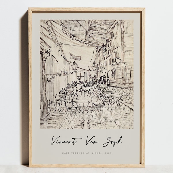 Van Gogh Print, Café Terrace at Night Exhibition Poster, Vintage Beige Black White Wall Art,Pen Drawing Sketch Impressionism Decor,Gift Idea