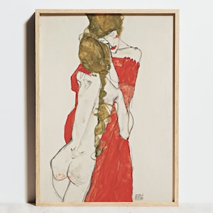 Egon Schiele Print, Mother and Daughter Poster, Orange Red Pink Vintage Wall Decor, Modern Abstract Woman Sketch, Famoso dipinto, Idea regalo