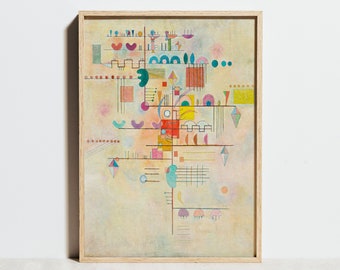 May include: Abstract painting with geometric shapes in various colors, including red, yellow, blue, green, and purple, on a light beige background.