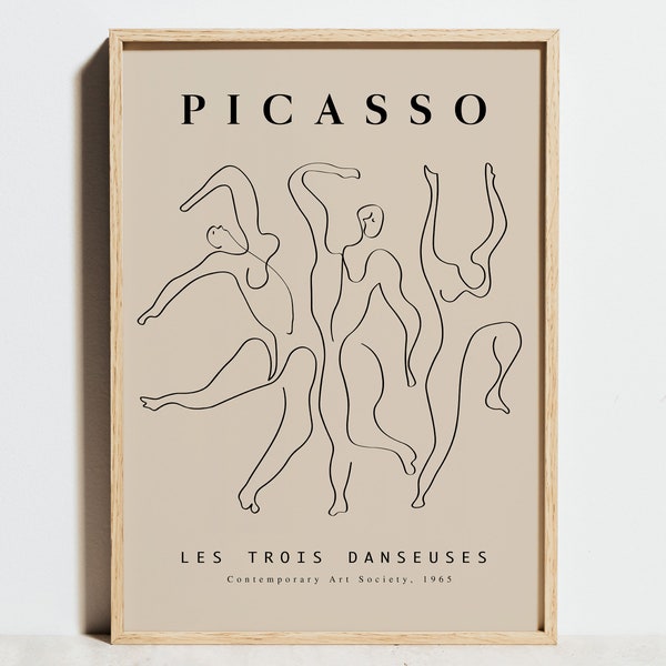 Pablo Picasso Tanz Linie Zeichnung Druck, Lithographie Ausstellung Poster, minimalistische schwarz weiß beige abstrakte Wand Kunst Dekor, Geschenk Idee Hochzeit