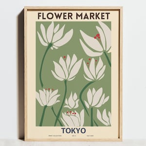 Flower Market Tokyo Print, Exhibition Poster, Floral Wall Art, Vintage Sage Green Decor, Minimalist Abstract Scandinavian Hygge,Wedding Gift