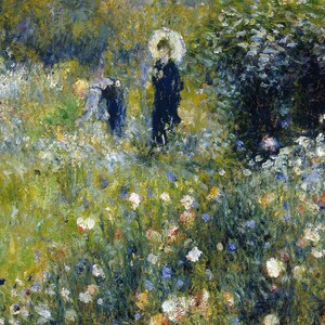 Peut inclure: Une peinture repr&eacute;sentant un champ de fleurs avec deux personnages qui marchent &agrave; travers le champ. Les personnages sont v&ecirc;tus de v&ecirc;tements sombres et l'un d'eux tient un parapluie blanc. La peinture est r&eacute;alis&eacute;e dans un style l&acirc;che et impressionniste, mettant l'accent sur la capture de la lumi&egrave;re et de la couleur de la sc&egrave;ne.