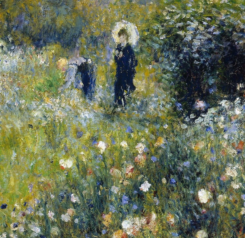 Peut inclure: Une peinture repr&eacute;sentant un champ de fleurs avec deux personnages qui marchent &agrave; travers le champ. Les personnages sont v&ecirc;tus de v&ecirc;tements sombres et l'un d'eux tient un parapluie blanc. La peinture est r&eacute;alis&eacute;e dans un style l&acirc;che et impressionniste, mettant l'accent sur la capture de la lumi&egrave;re et de la couleur de la sc&egrave;ne.