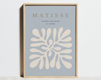 Henri Matisse Print, Beige Blue Wall Art Exhibition Poster, Pastel Color Neutral Cutouts, Mid Century Modern Abstract Decor, Birthday Gift
