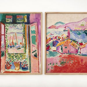 Conjunto de 2 impresiones de Henri Matisse, arte de la pared de la galería, cartel rosa, la ventana abierta, vista de Collioure, decoración moderna del paisaje de Matisse, regalo para ella