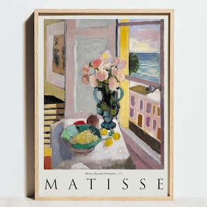 Cartel de Henri Matisse, decoración de ventanas de flores, arte abstracto moderno de la pared rosa, fleurs devant a fenêtre, jardín Matisse vintage, idea de regalo de boda