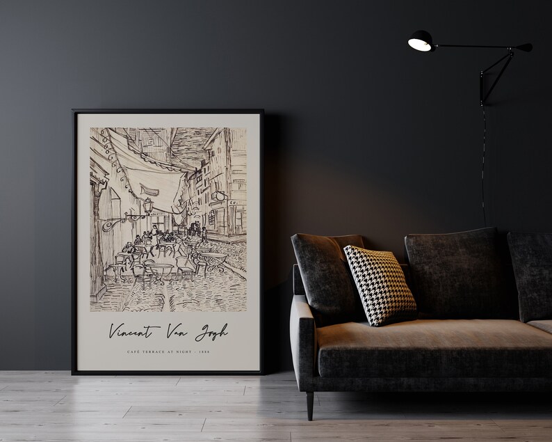 May include: A black and white sketch of a cafe terrace at night by Vincent van Gogh. The sketch shows a street lined with buildings and tables with people sitting at them. The cafe is lit by a single lamppost.