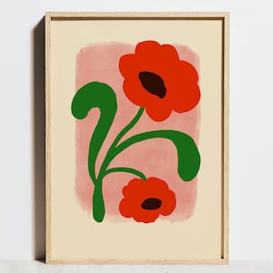 Impression marché aux fleurs, art mural floral, affiche rouge rose, dessin bohème abstrait coquelicot, déco printanière salon moderne du milieu du siècle, cadeau fille pour ELLE